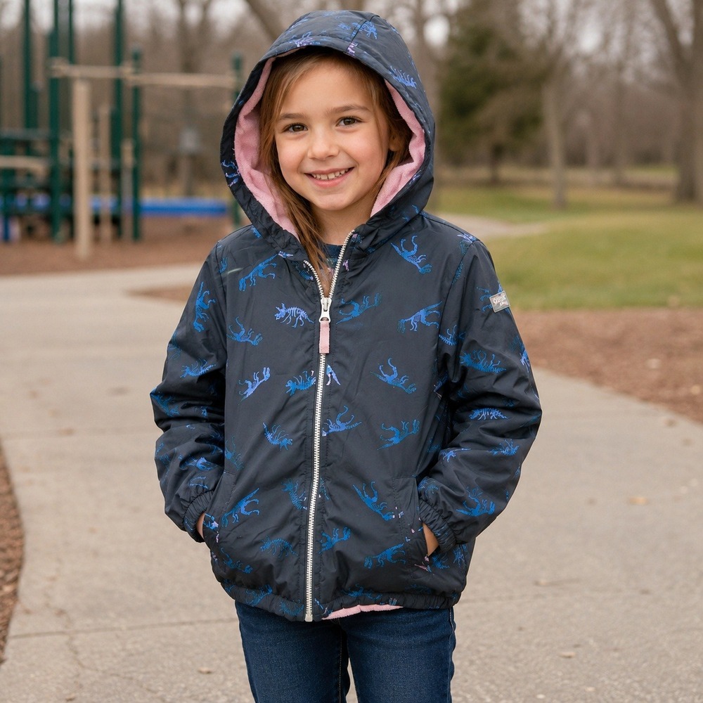 OshKosh B'gosh Girls Charcoal Dinosaur Fleece Lined Hooded Jacket‎ 6/6X